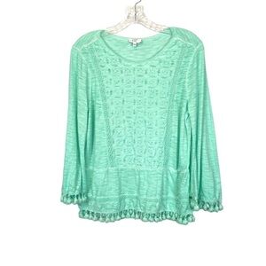 Crown & Ivy Womens Turquoise Embroidered Tassel Blouse Top